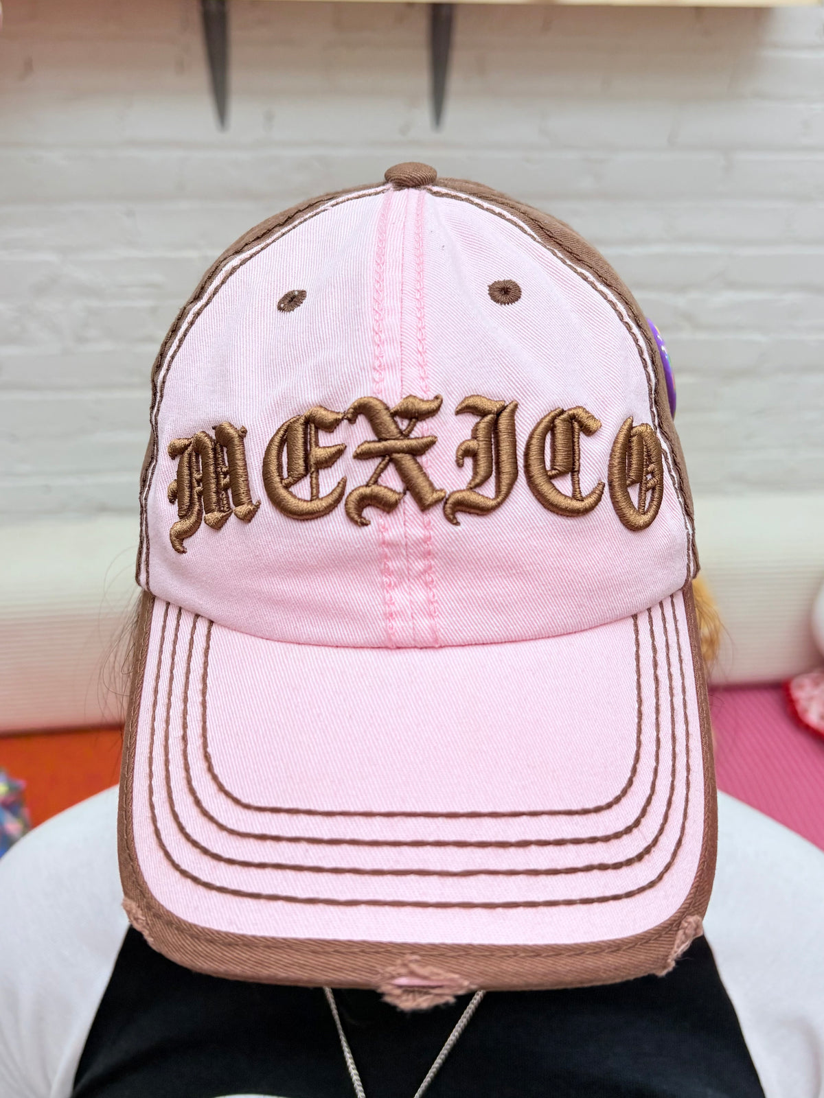 Pink distressed Mexico hat